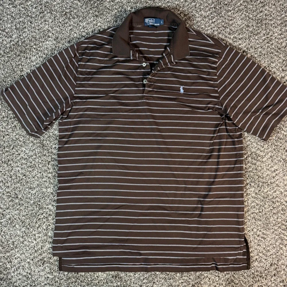 Polo Ralph Lauren Mens Large Brown Striped Pima Cotton Short Sleeve Polo Shirt